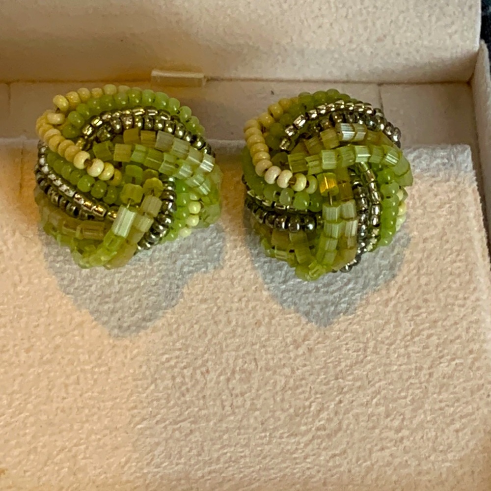 Green Beaded Clip Earrings